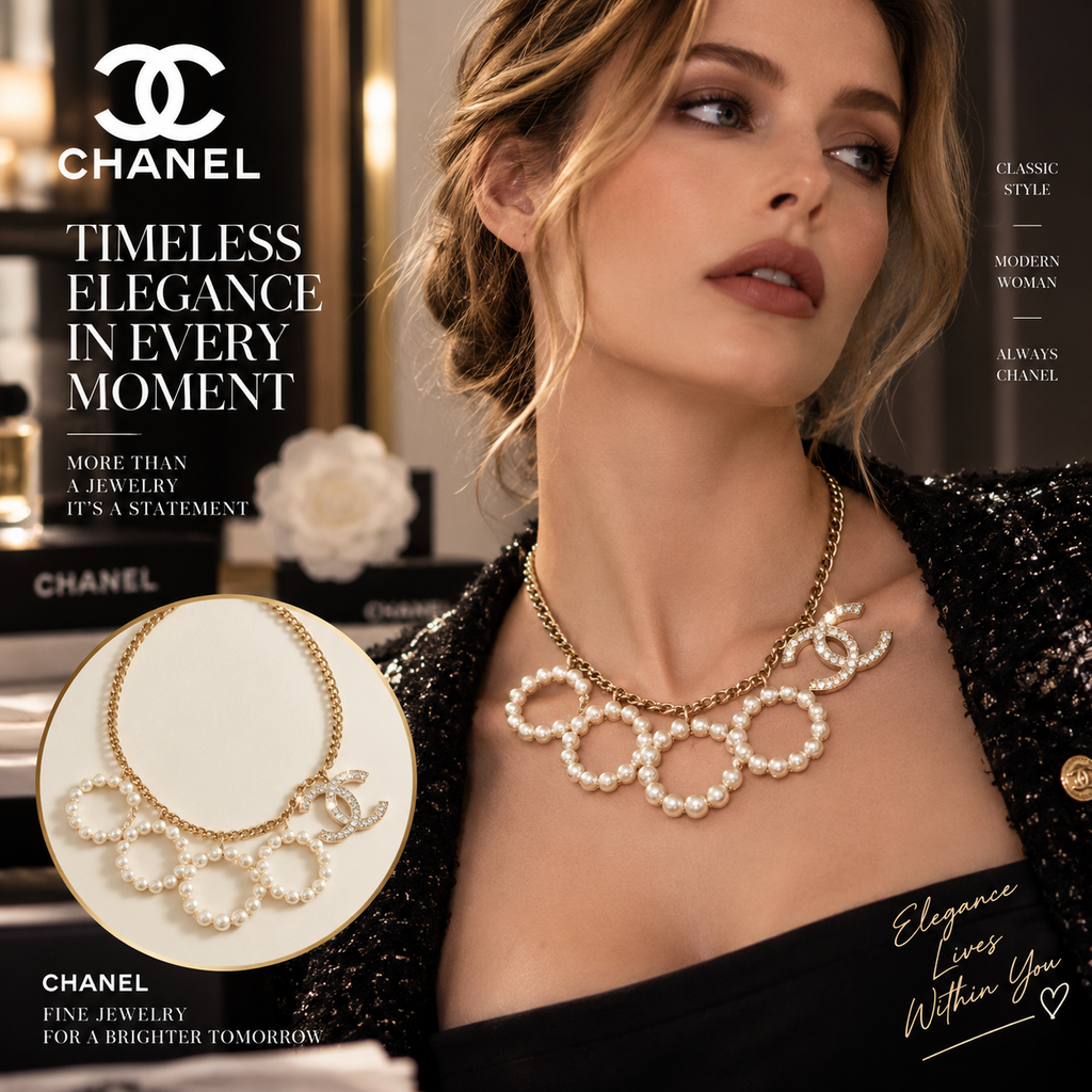 CHANEL Gold-Tone Chain Necklace with Pearl-Style Loops & Double-C Charm