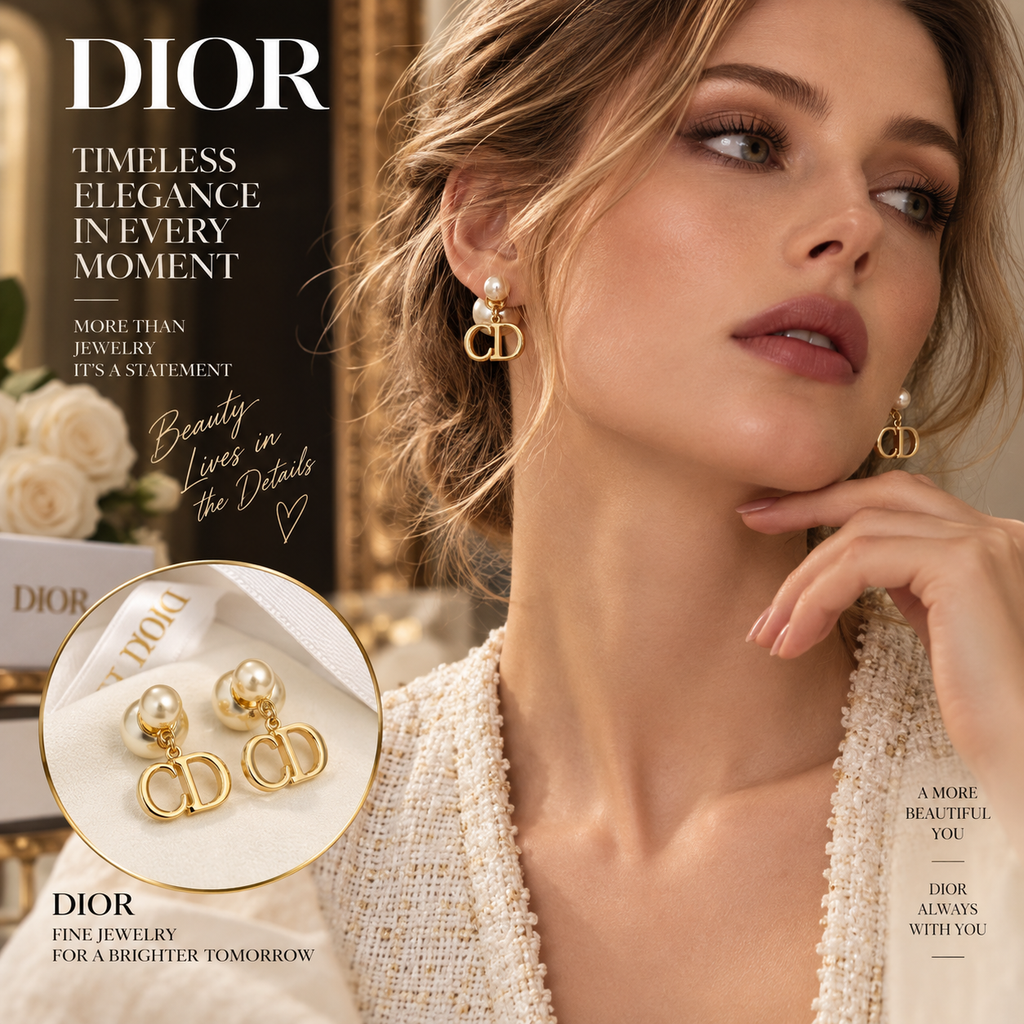 DIOR Pearl-Style Earrings with Gold-Tone CD Drops