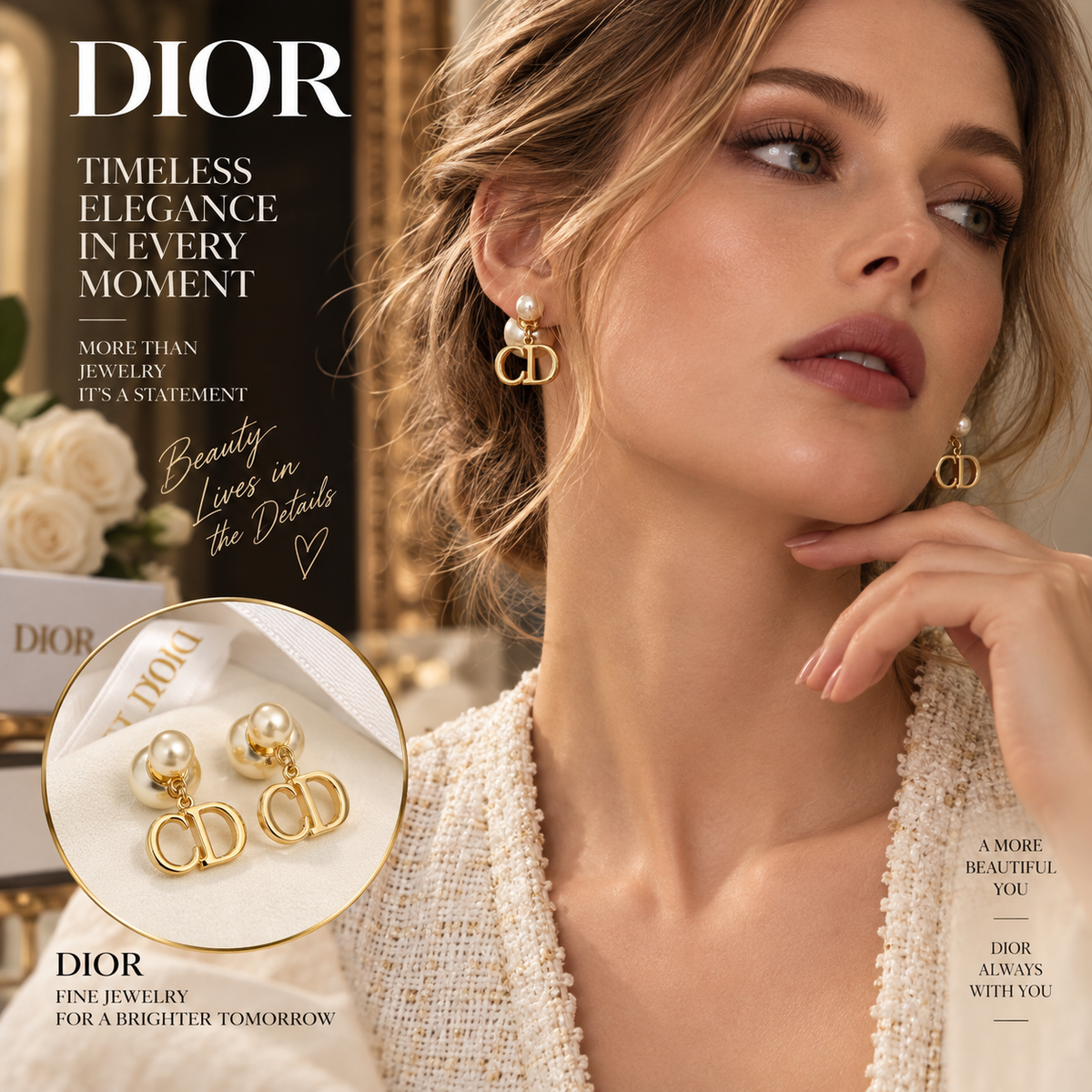 DIOR Pearl-Style Earrings with Gold-Tone CD Drops