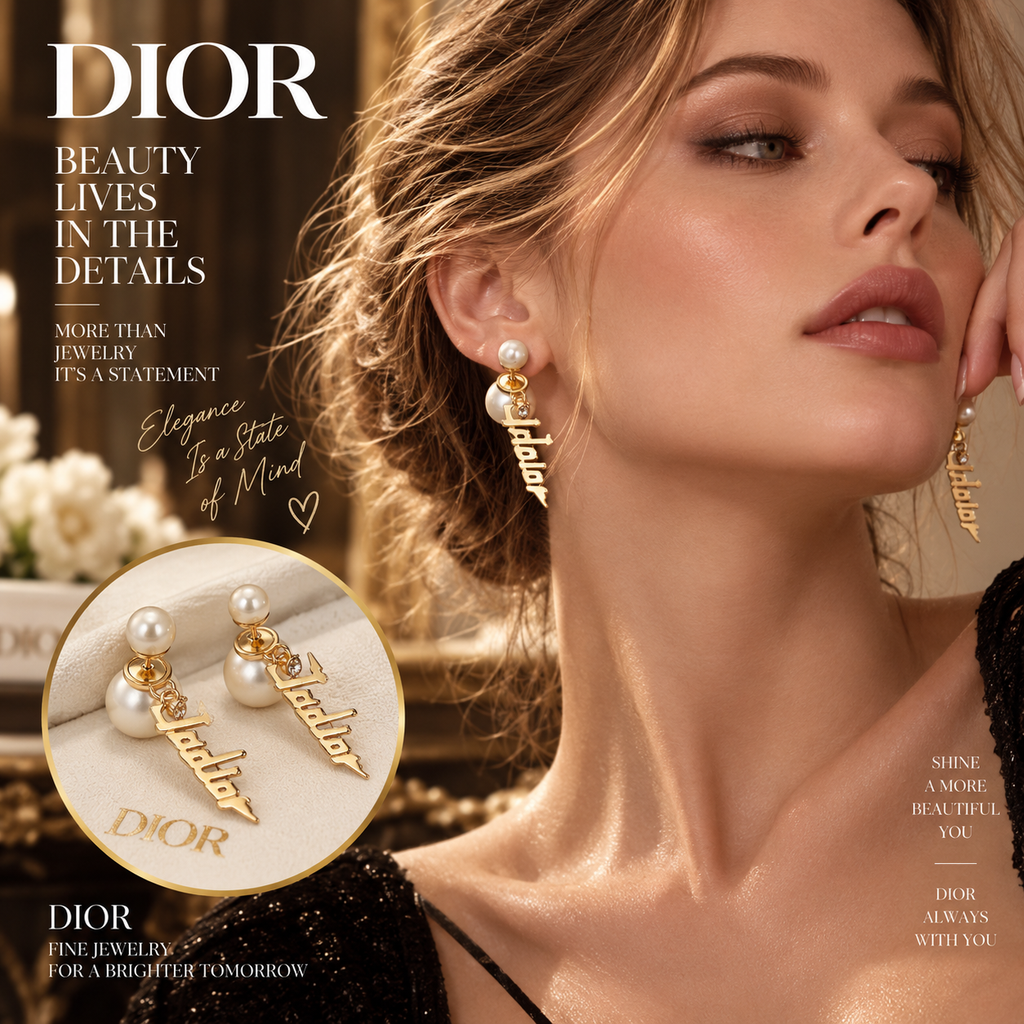 DIOR Pearl-Style Double-Ball Earrings with Gold-Tone Script Drops
