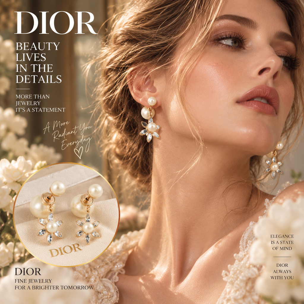 DIOR Pearl-Style Double-Ball Earrings with Floral Drops
