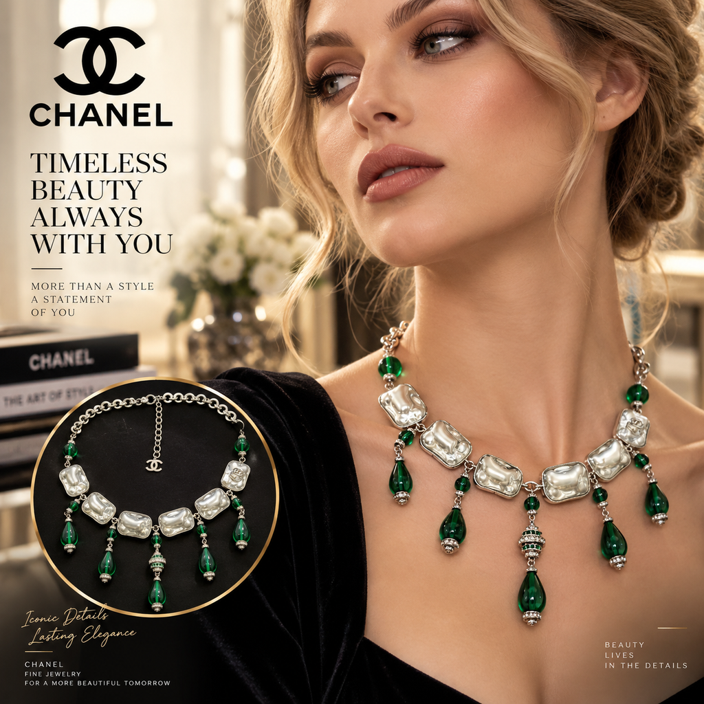 CHANEL Silver-Tone Crystal Necklace with Green Drop Charms