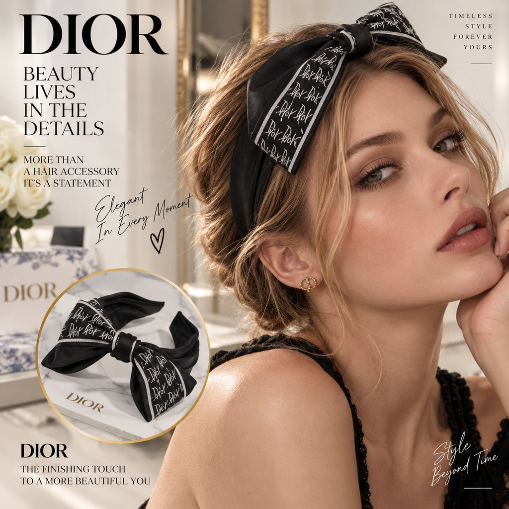 DIOR Black Bow Headband with Monogram-Print Ribbon