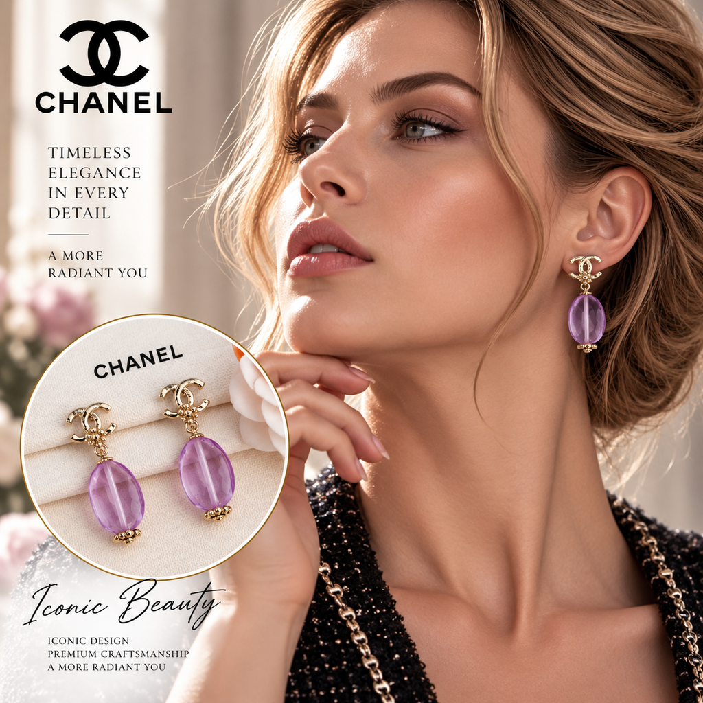 CHANEL P50 Gold-Tone CC Purple Faceted Drop Earrings