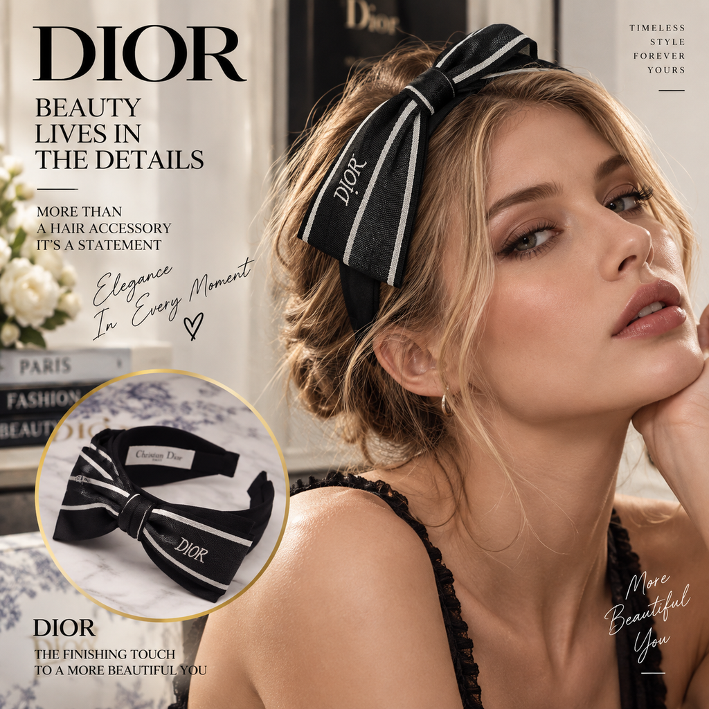 DIOR Black Bow Headband with White-Trim Logo Ribbon
