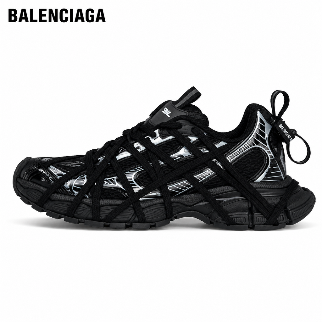 Balenciaga Track Black and Silver Sneakers with Crisscross Straps