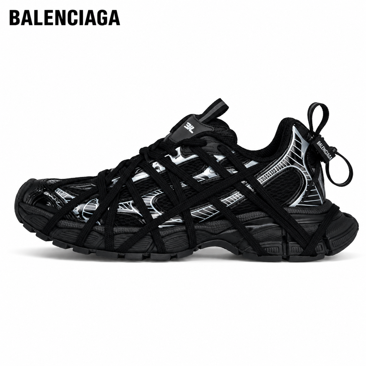 Balenciaga Track Black and Silver Sneakers with Crisscross Straps