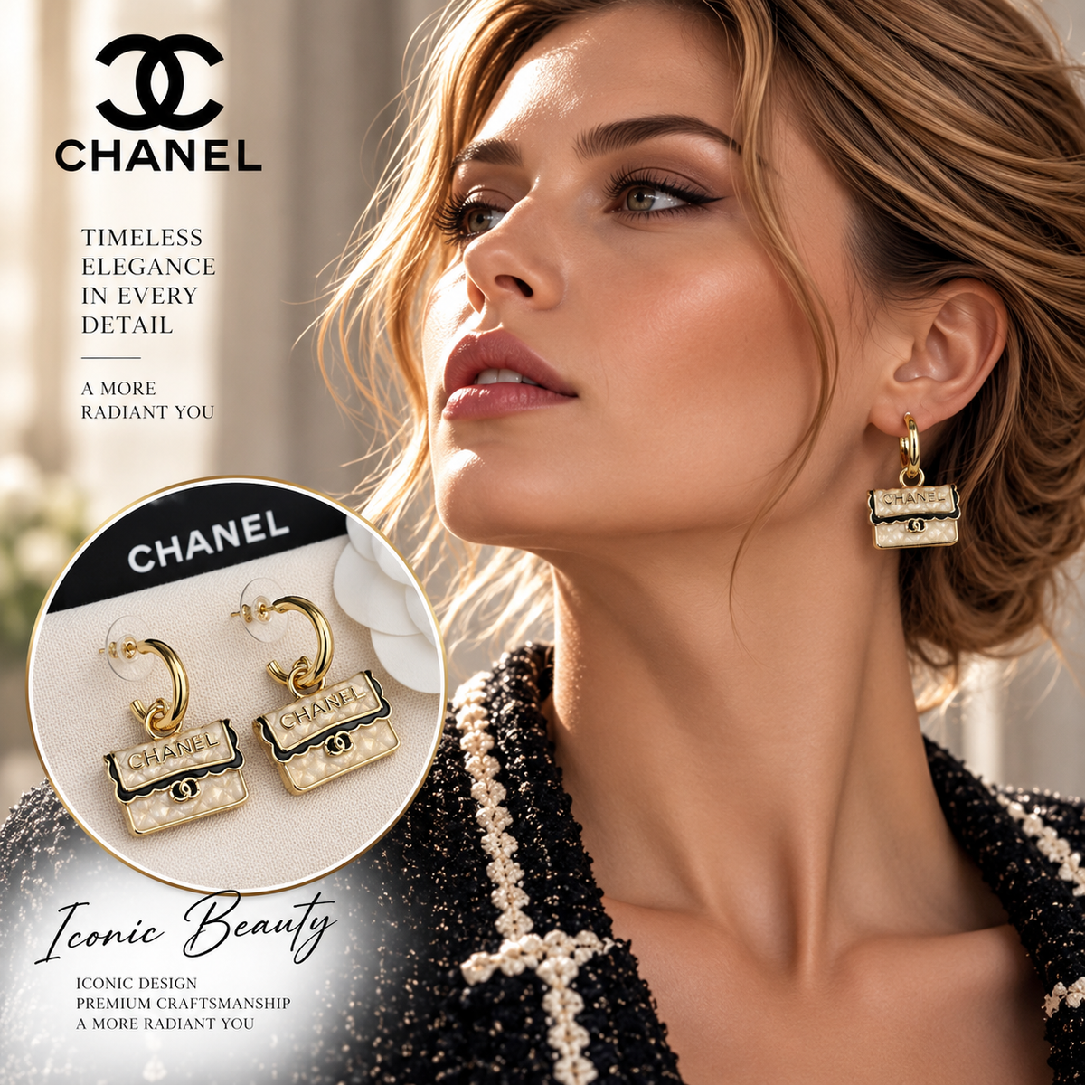 CHANEL Gold-Tone Hoop Earrings with Mini Flap Bag Charm