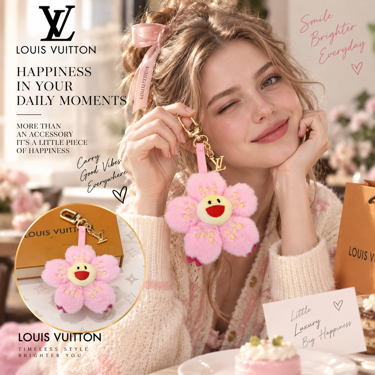 LOUIS VUITTON Pink Plush Smiling Flower Bag Charm Keychain