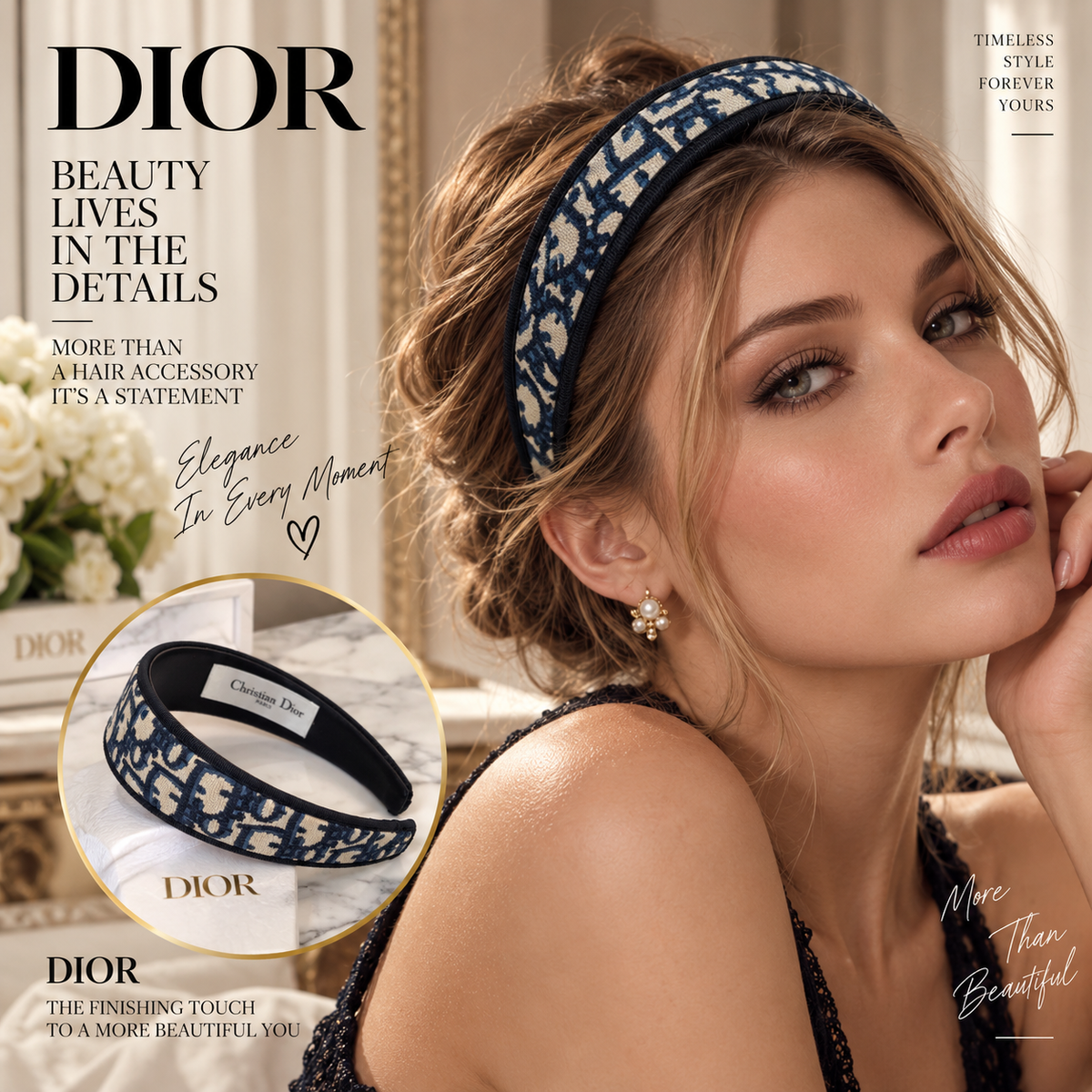 DIOR Wide Navy and Cream Letter-Pattern Headband