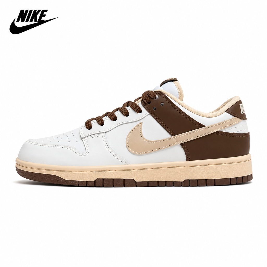 NIKE White and Brown Low-Top Sneakers with Cream Swoosh