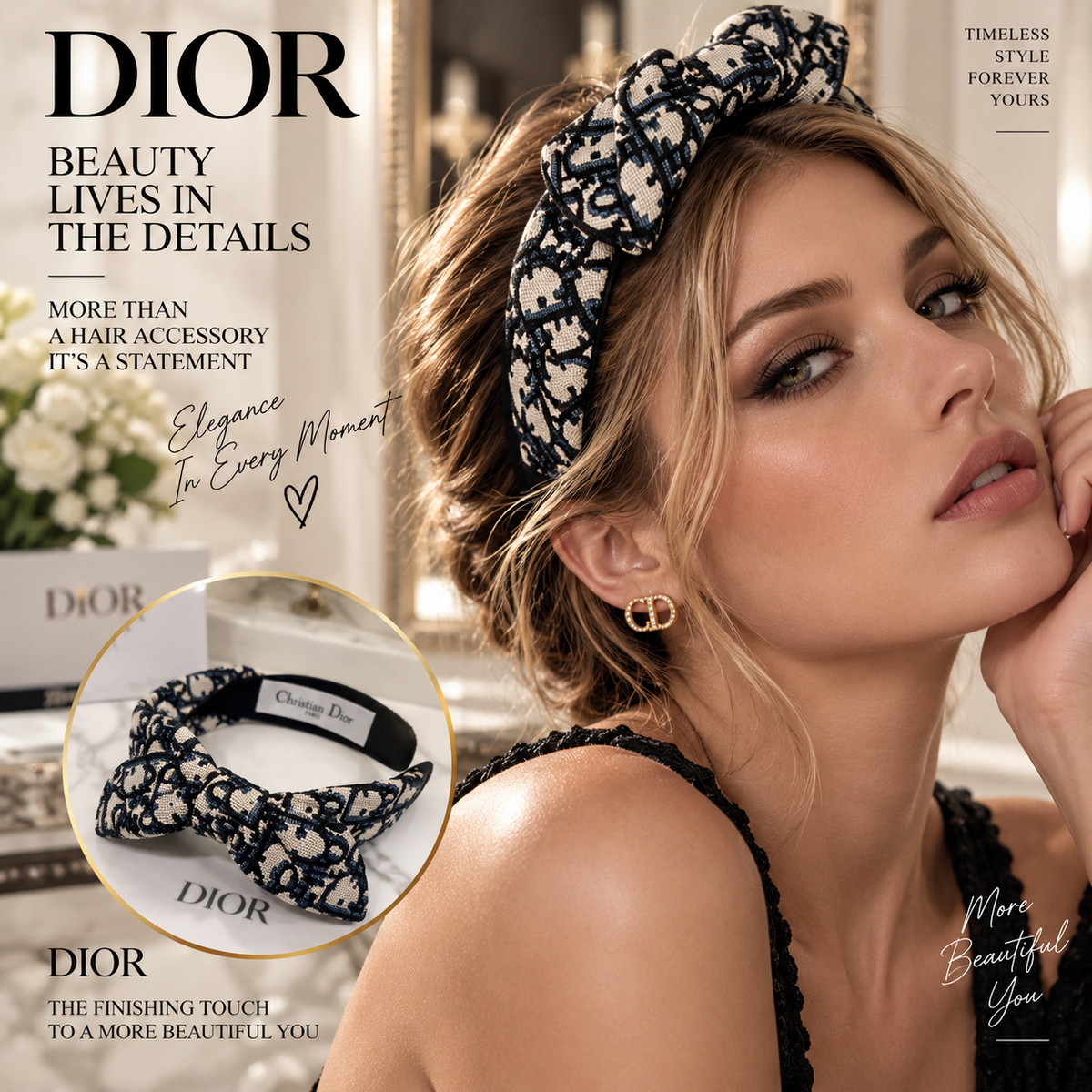 DIOR Black and Cream Letter-Pattern Ruched Headband