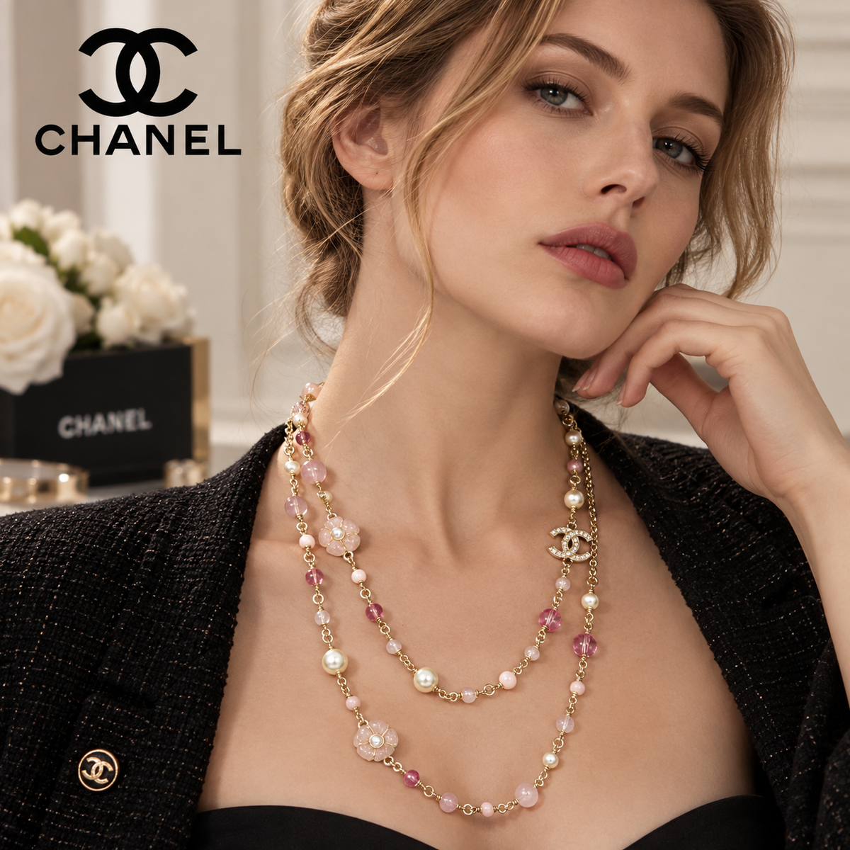 CHANEL Layered Pink Pearl Camellia Necklace
