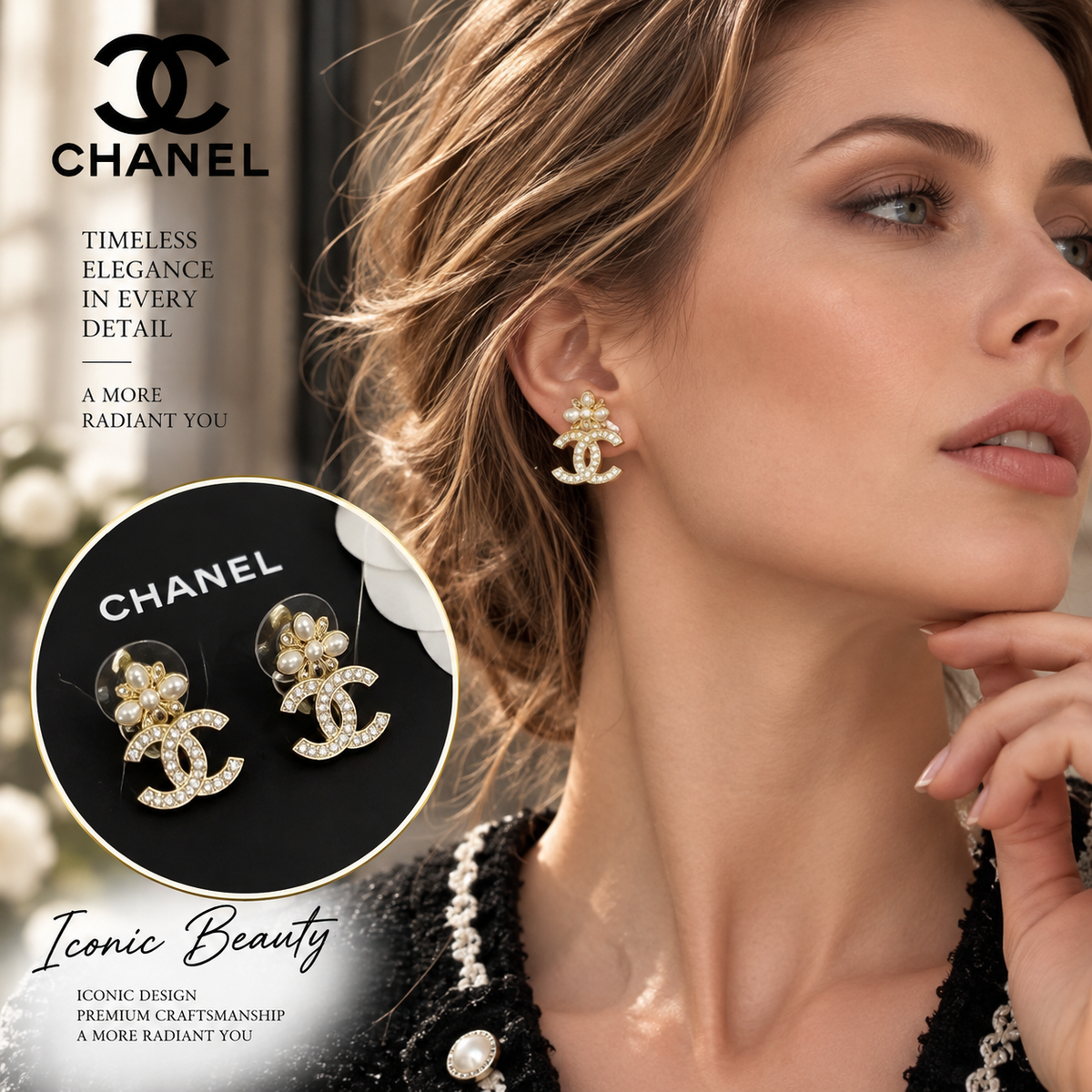 CHANEL Two-Tone Crystal CC & Gold Clover Pearl Stud Earrings