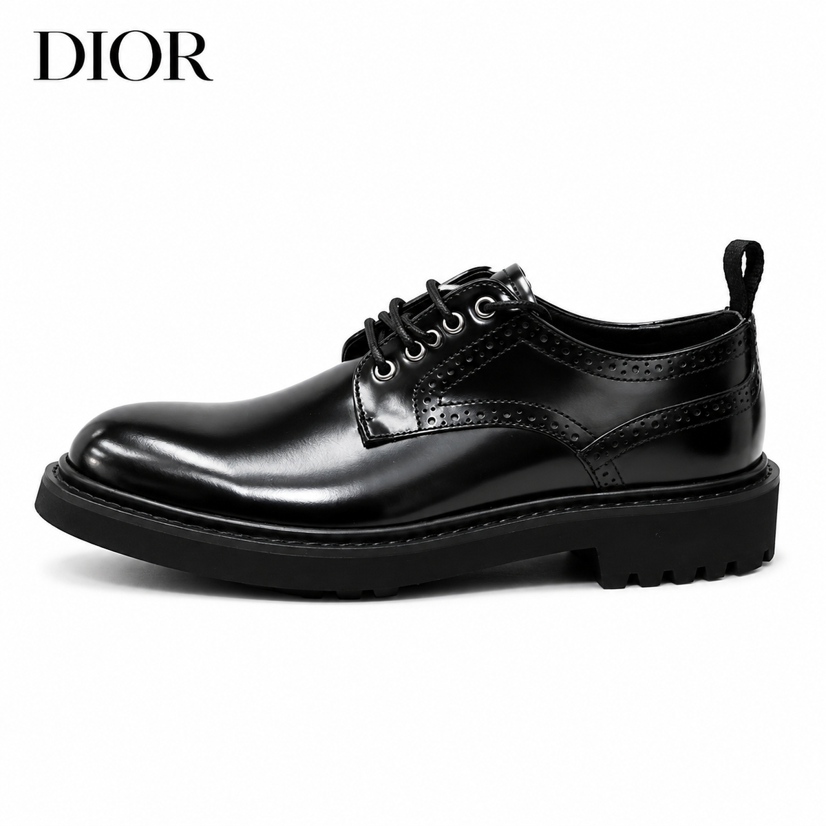 Dior Semi-Brogue Derby — High-Gloss Polished Black Calfskin, Lug Sole