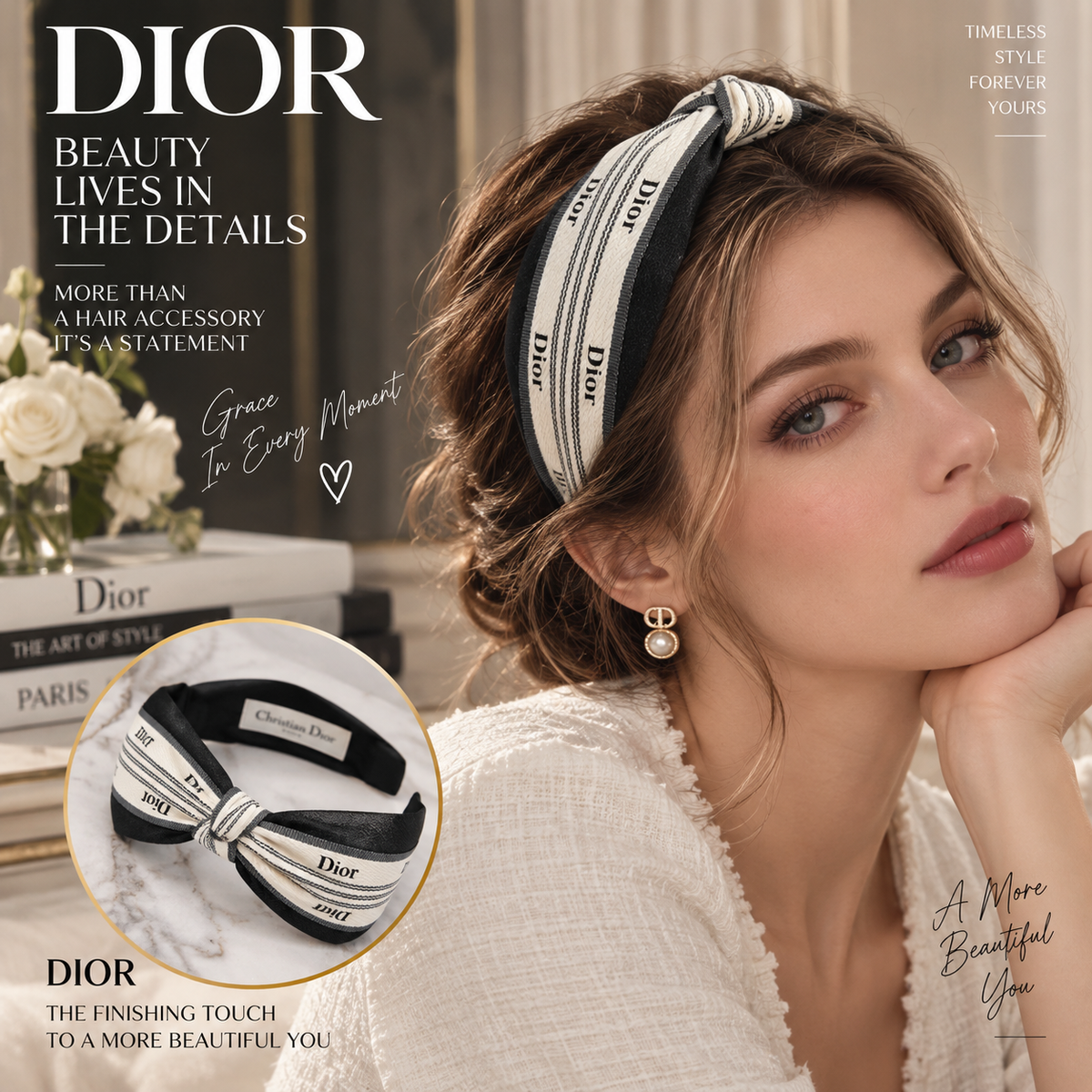 DIOR Wide Black and Cream Striped Knot Headband