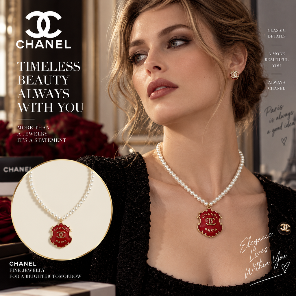 CHANEL P95 Pearl-Style Beaded Necklace with Red Double-C Pendant