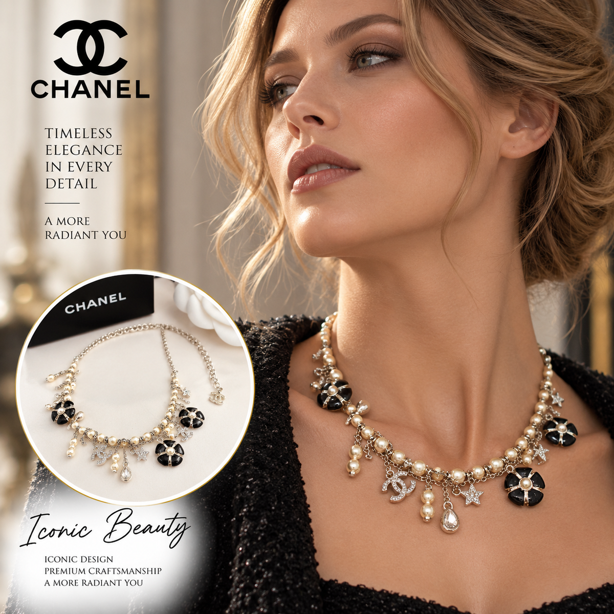 CHANEL Silver-Tone Black Camellia Pearl Multi-Charm Necklace