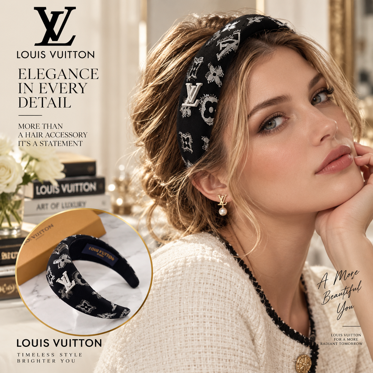 LOUIS VUITTON Black Monogram Headband with Silver-Tone LV Accent
