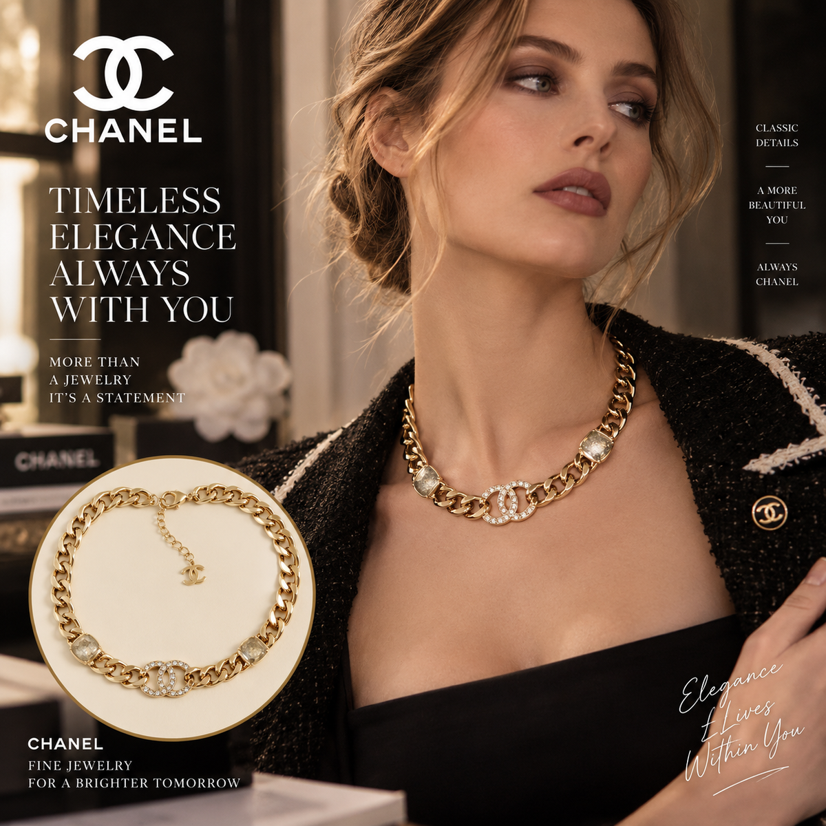 CHANEL P80 Crystal Double-C Choker Necklace with Stone Stations