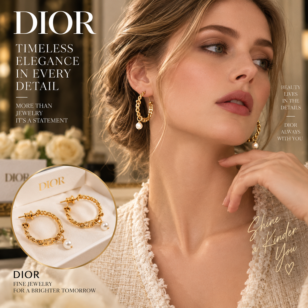 DIOR Gold-Tone Chain Hoop Earrings with Pearl-Style Drops