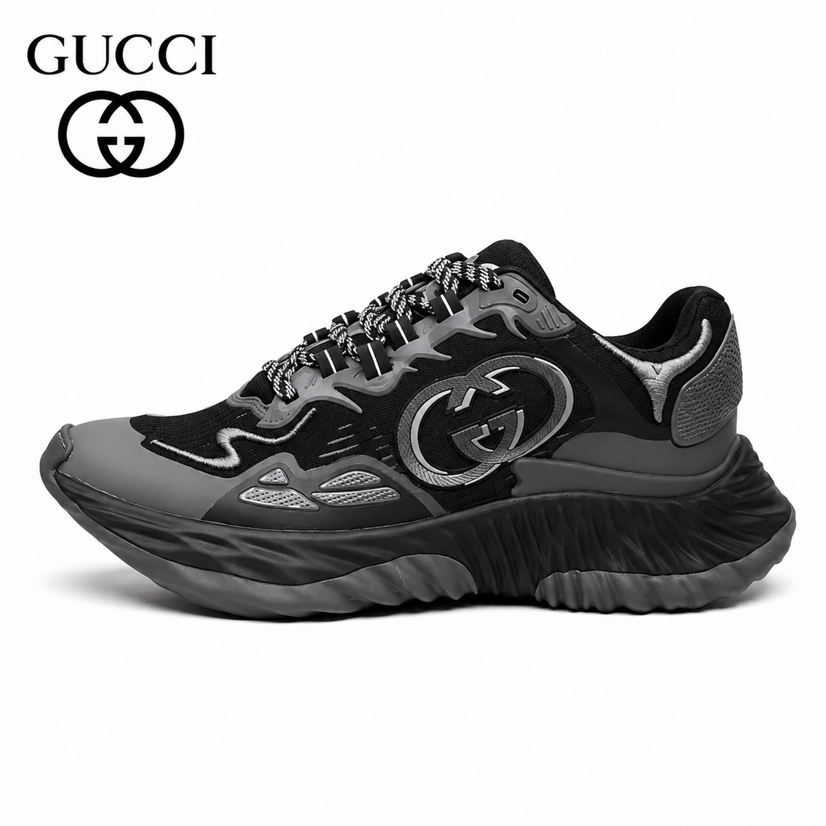 Gucci GG Interlocking Chunky Runner Sneakers — Black & Grey / White & Silver