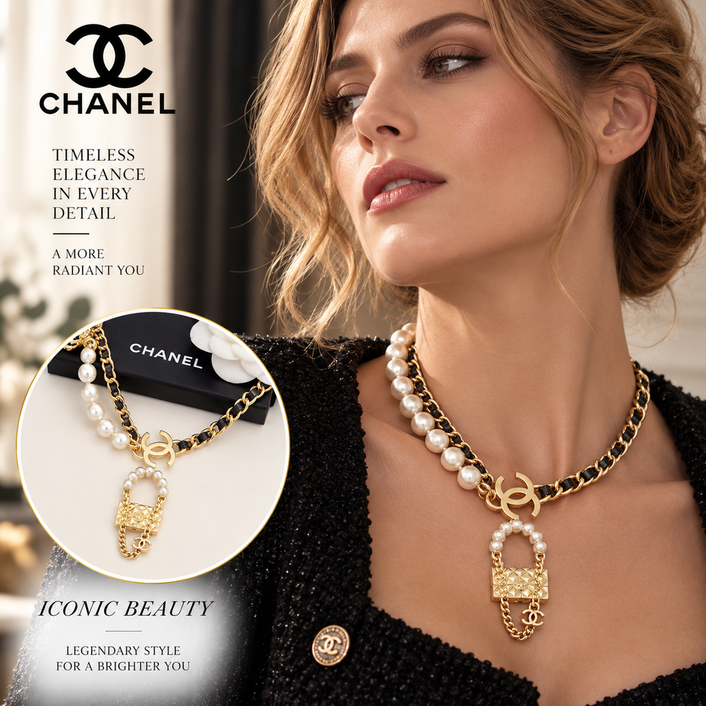 CHANEL Gold-Tone Pearl Layered Chain Necklace with Quilted Bag Pendant