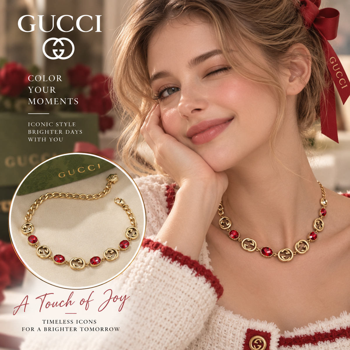 GUCCI Gold-Tone Interlocking GG Red Crystal Station Necklace