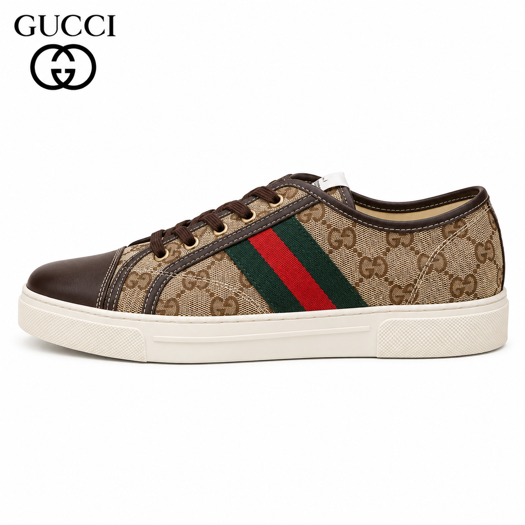Gucci Ace Low-Top Sneaker — Web Stripe, Smooth & GG Embossed Leather