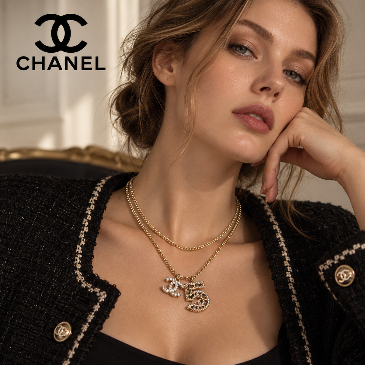 CHANEL Crystal Layered Chain Necklace