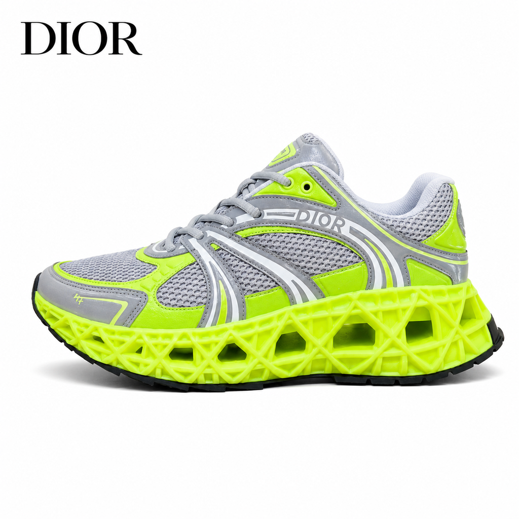 Dior Vibe Sneaker — Grey Technical Mesh & Neon Green, 3D Lattice Sole, Unisex EU 35–46
