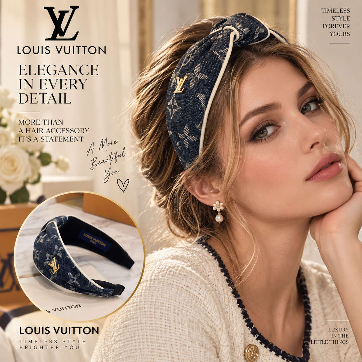 LOUIS VUITTON Navy Monogram Headband with Contrast Trim
