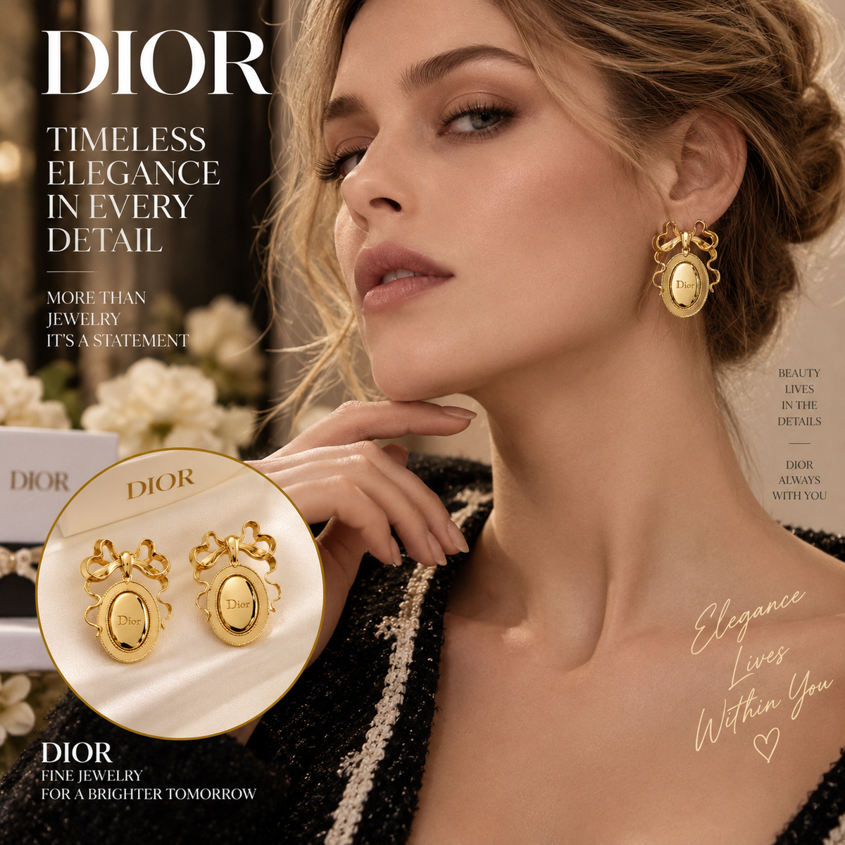 DIOR Gold-Tone Bow Earrings with Oval Logo Drops