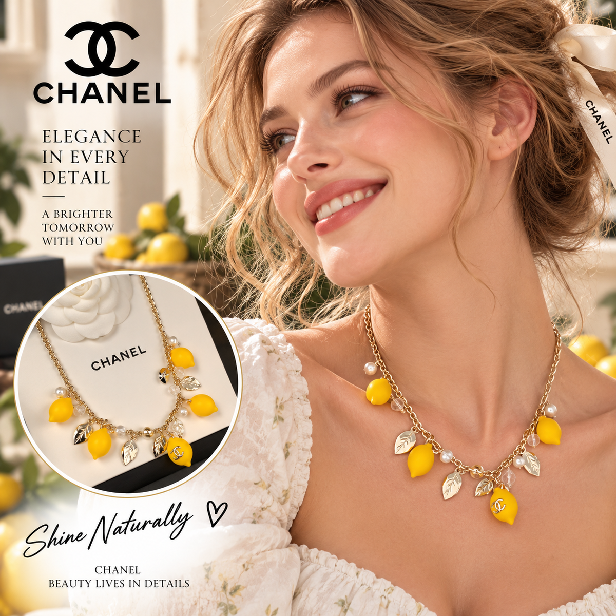 CHANEL P80 Gold-Tone Yellow Lemon Charm Necklace with Pearls & CC