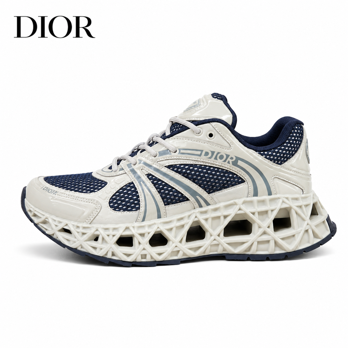 Dior Vibe Sneaker — Glacier Grey & Deep Navy, 3D Lattice Sole, Unisex EU 35–46