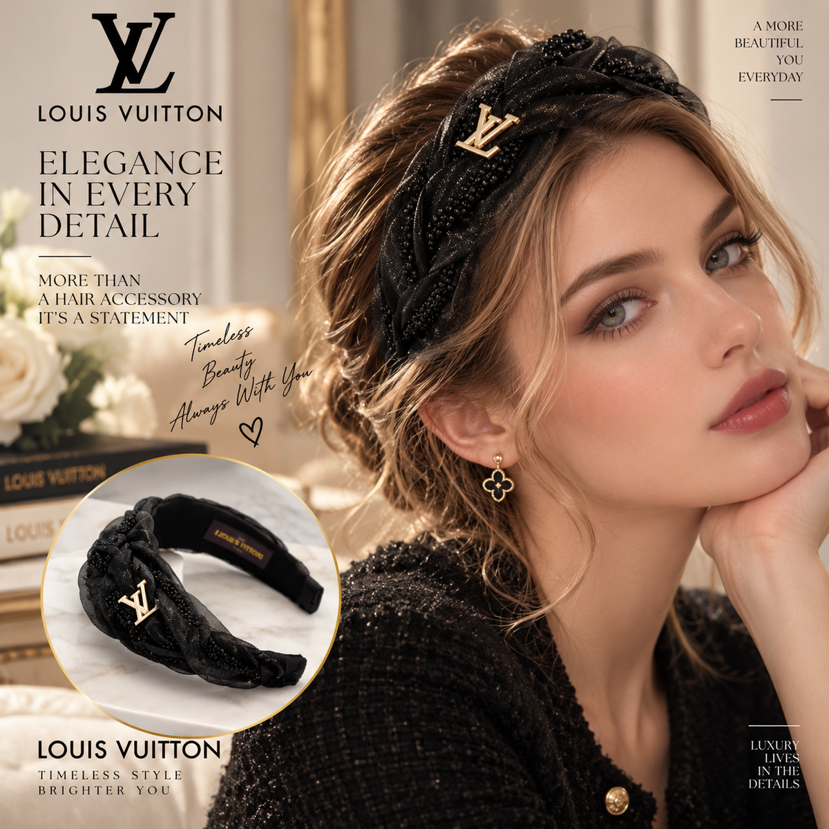 LOUIS VUITTON Black Twisted Bead-Detail Headband