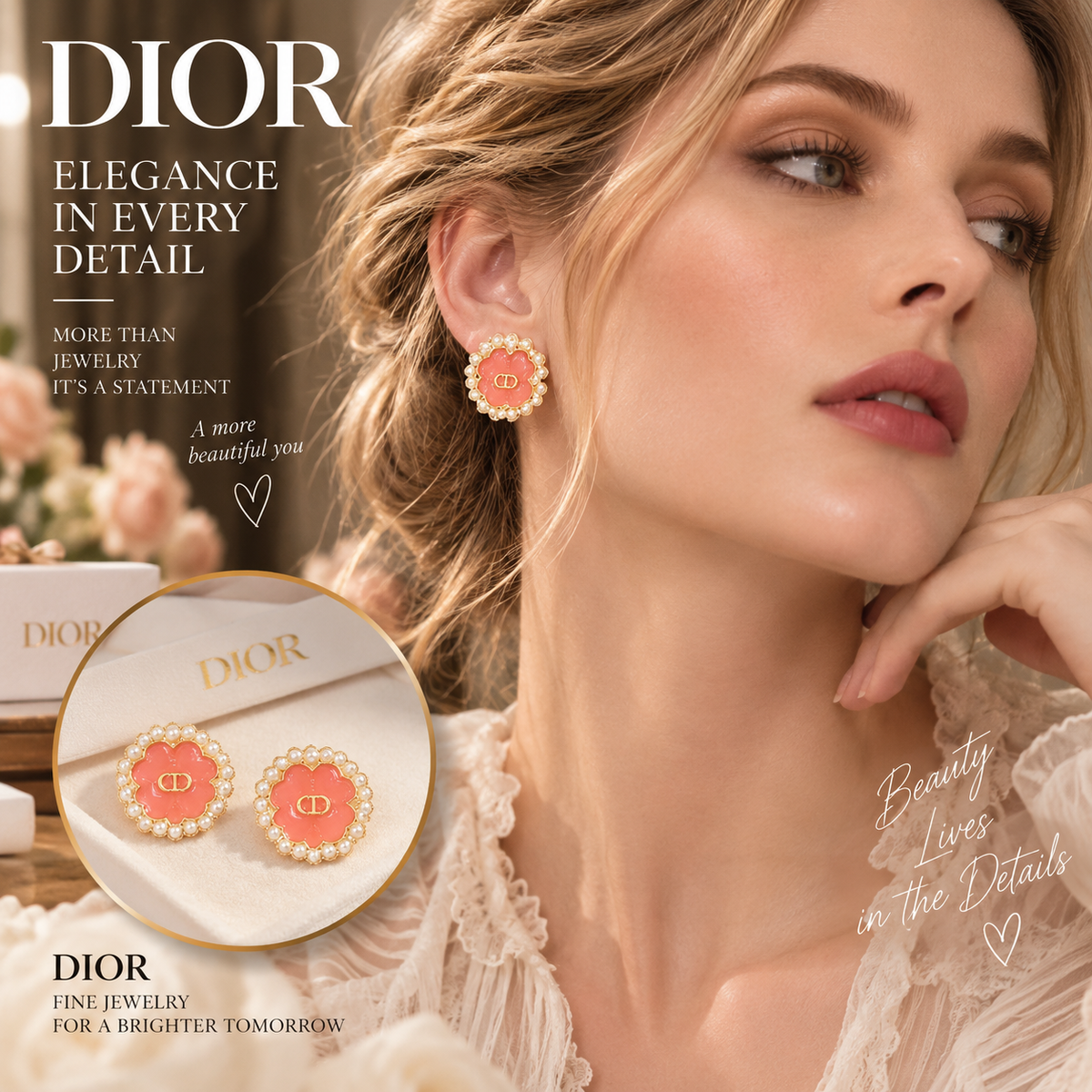 DIOR Coral Flower Stud Earrings with Pearl-Style Trim