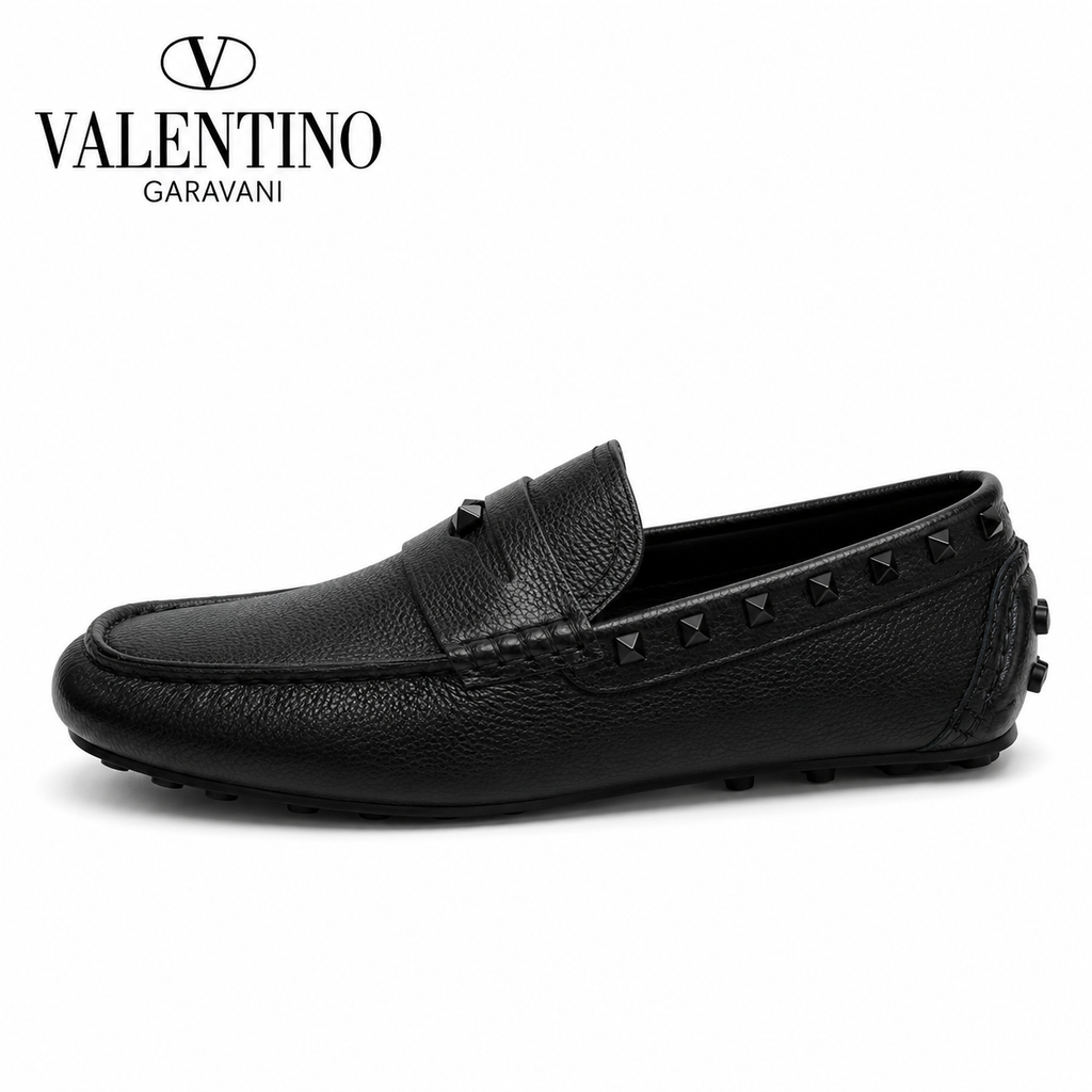 Valentino Black Studded Driving Loafers with Textured Finish