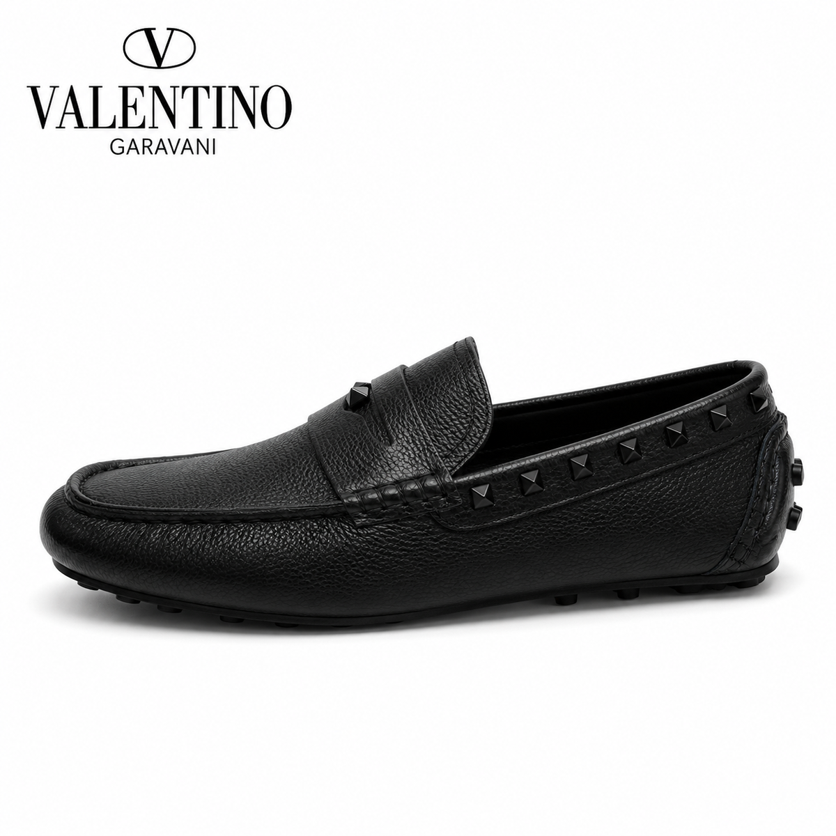 Valentino Black Studded Driving Loafers with Textured Finish
