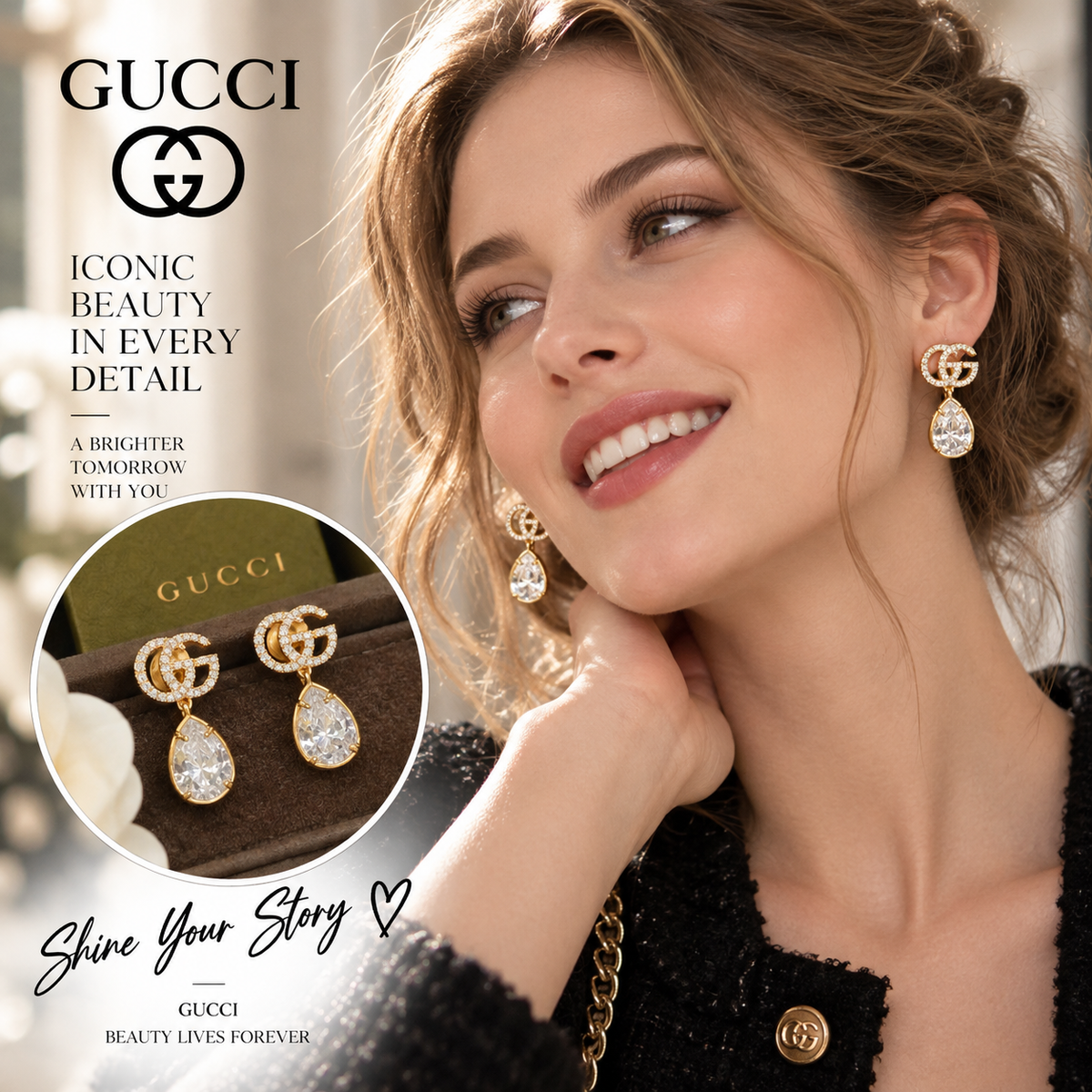 GUCCI Crystal GG Logo Teardrop Statement Drop Earrings