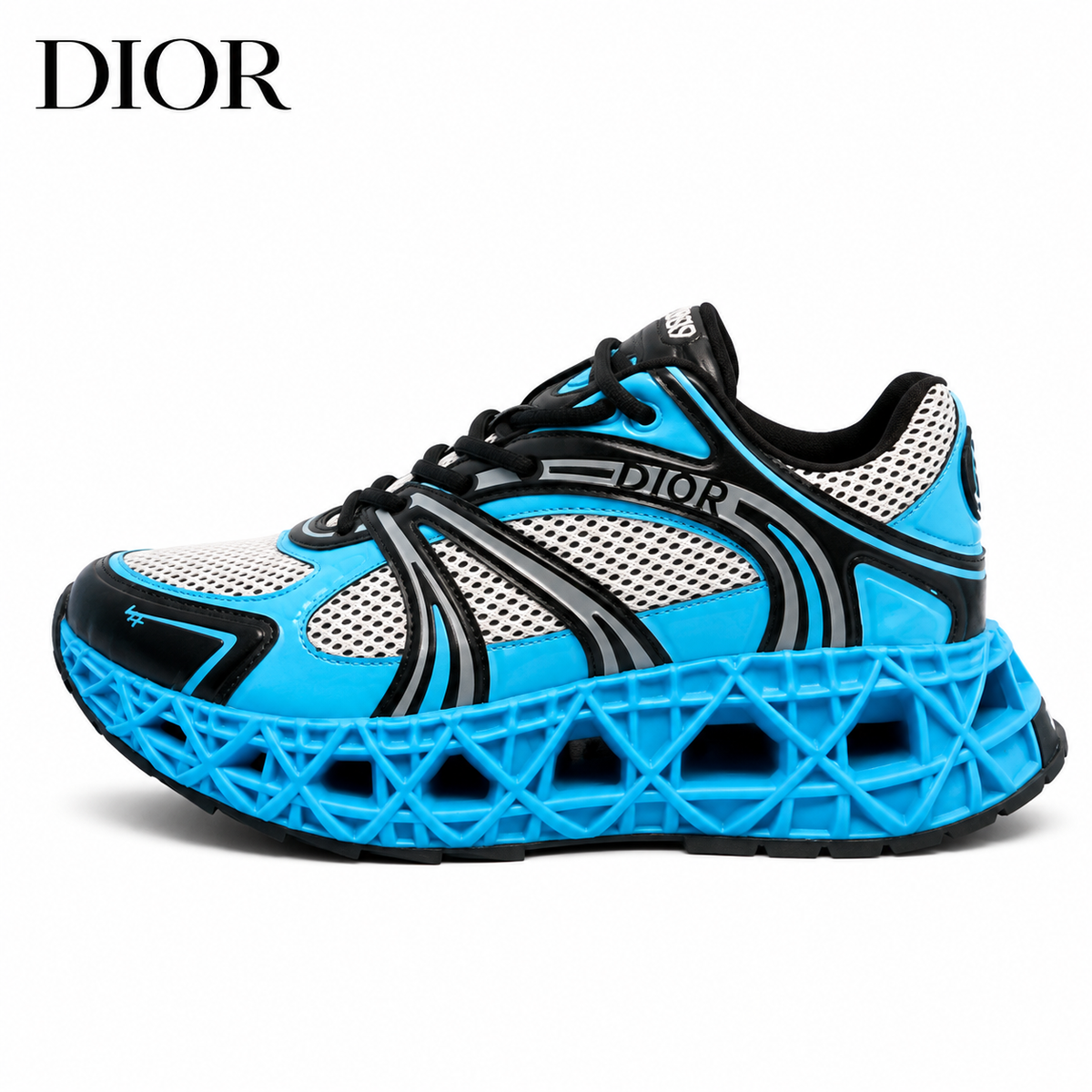 Dior Vibe Sneaker — Electric Blue, Silver Mesh & Black, 3D Lattice Sole, Unisex EU 35–46