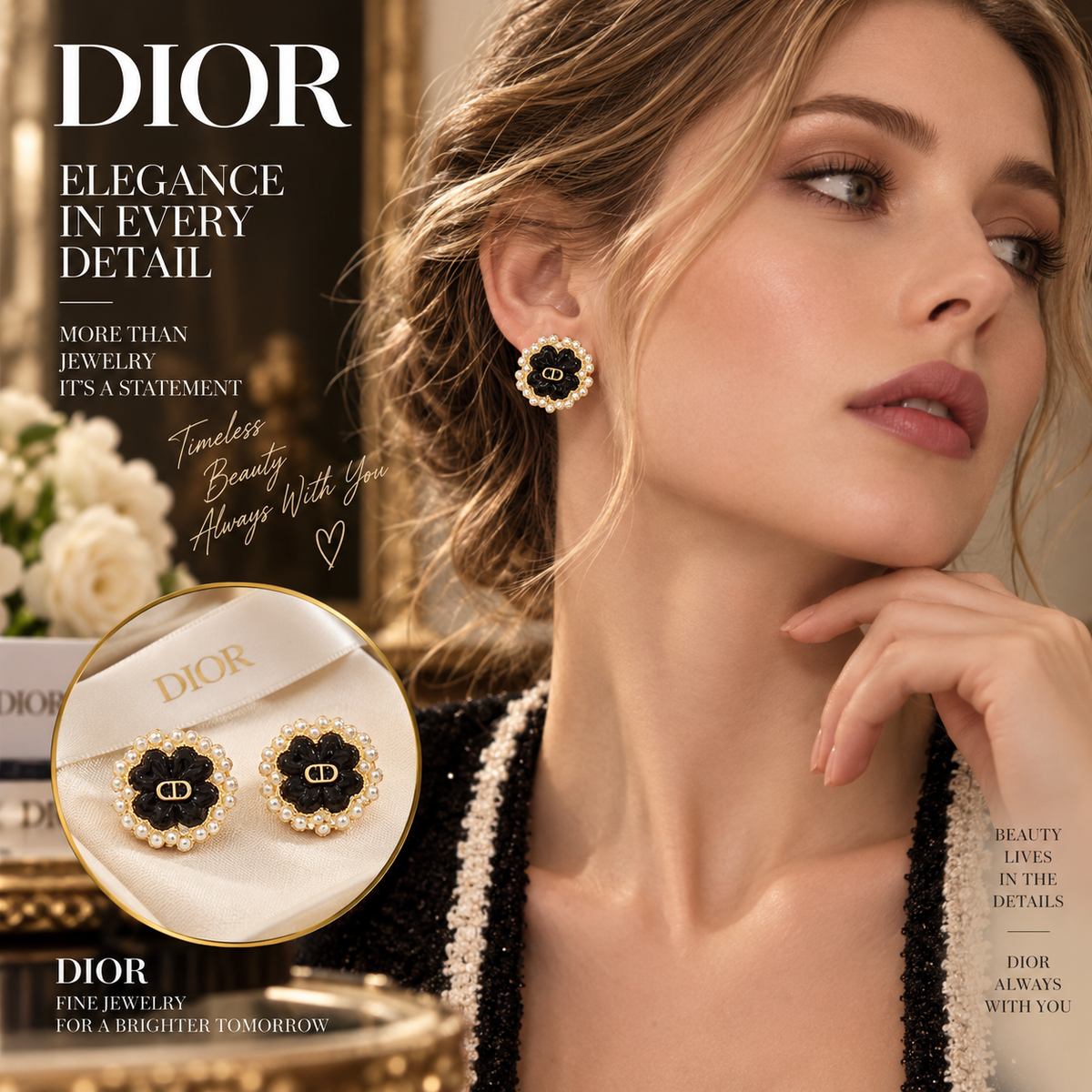 DIOR Black Flower Stud Earrings with Pearl-Style Trim