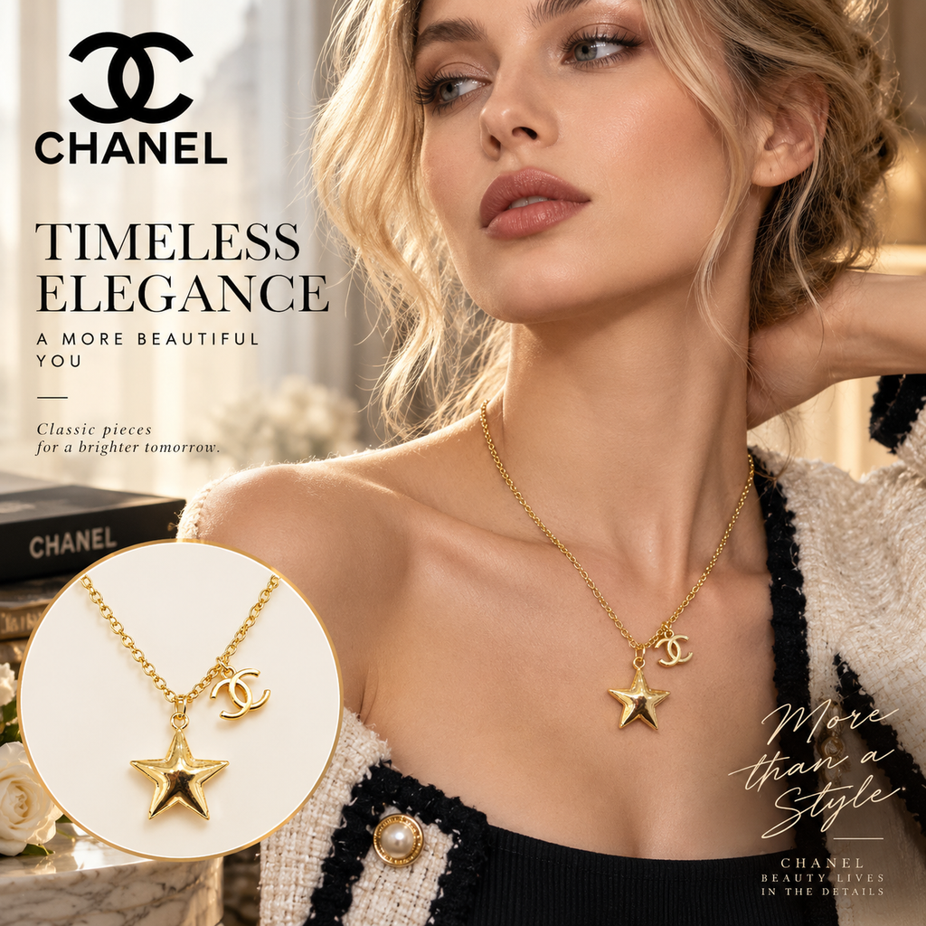 CHANEL Gold-Tone Star Pendant Necklace with Double-C Charm