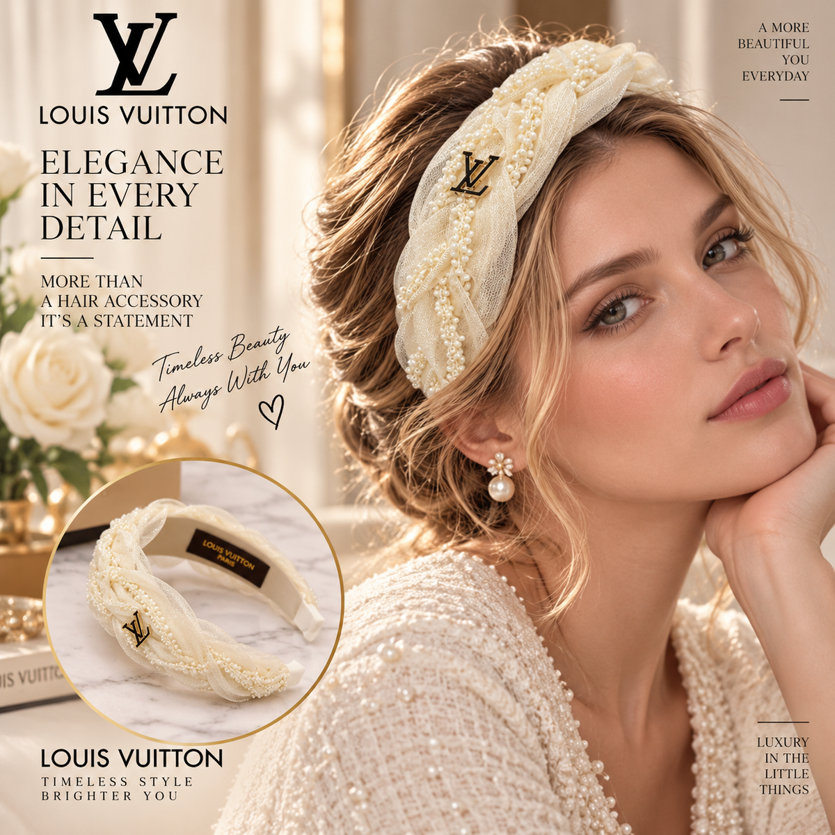 LOUIS VUITTON Cream Twisted Bead-Detail Headband