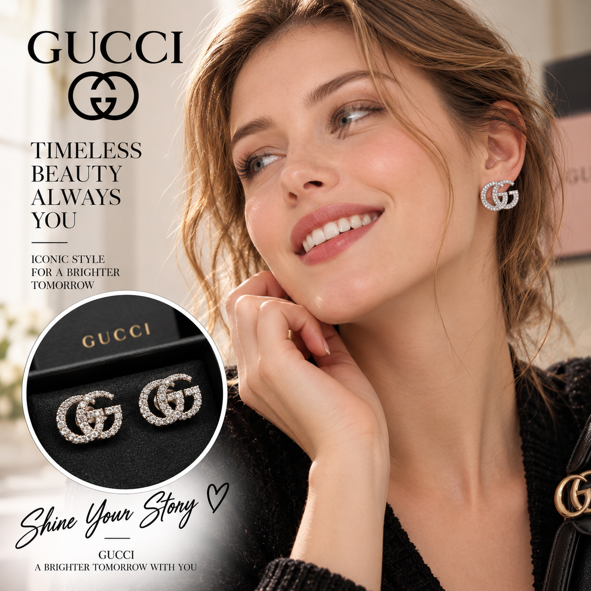 GUCCI P80 Silver-Tone Crystal Pave Interlocking GG Stud Earrings