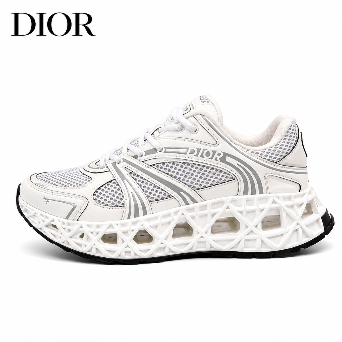 Dior Vibe Sneaker — Triple White & Silver, 3D Lattice Sole, Unisex EU 35–46