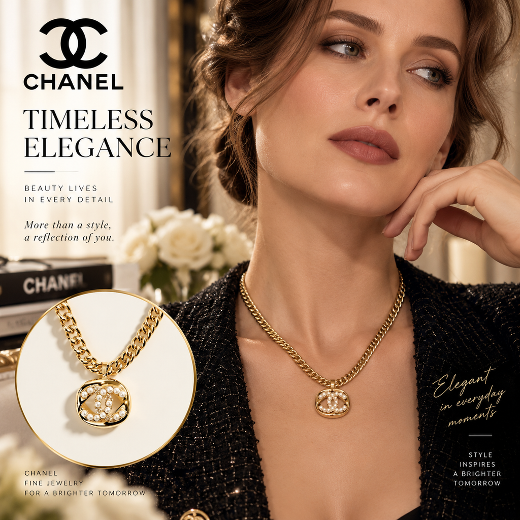 CHANEL Gold-Tone Chain Necklace with Pavé CC Pendant