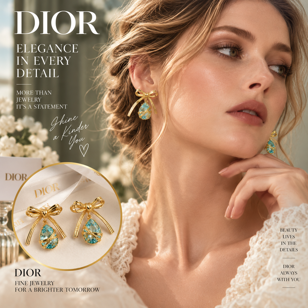 DIOR Gold-Tone Bow Earrings with Turquoise-Blue Teardrop Accents
