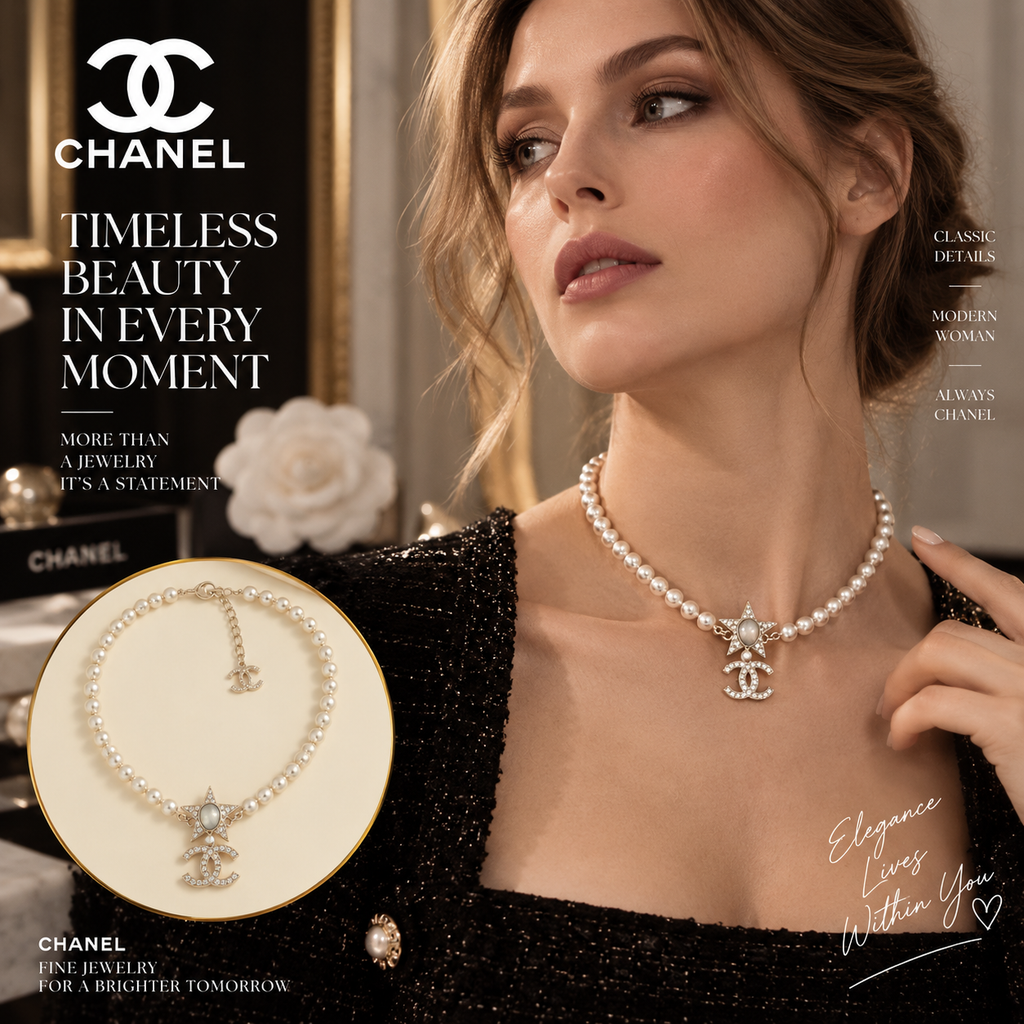 CHANEL Pearl-Style Beaded Necklace with Star & Double-C Charm