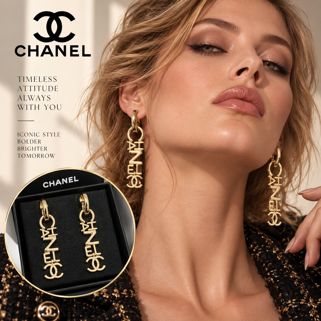 CHANEL Gold-Tone Logo Drop Earrings